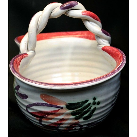 Handmade Artesian Pottery Basket Clay Painted Glazed White Purple Flower Twisted - Picture 4 of 8